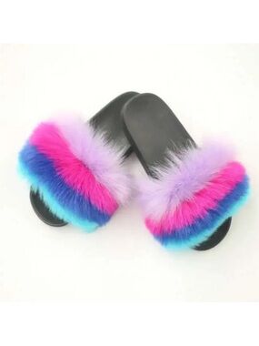 Colorful Faux Fur Slide Sandals - Pink, Purple & Blue